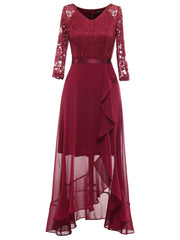 Solid Lace Splicing Aline Dress, Elegant V-neck Ruffle Hem Asymmetrical Dress For Wedding Party, Women's Clothing Wedding graduation engagement occasion ceremony party holiday vacation birthday