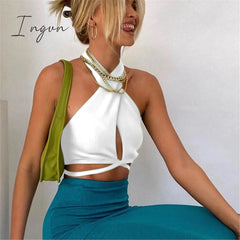 Ingvn - Women Summer Tank Tops Sexy Solid Color Cross Halter Neck Hollow Out Camisole Tie Backless Bandage Cropped Bustier Vest