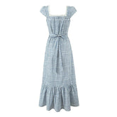 Women Casual Vintage Plaid Dress Elegant Square Neck Short Sleeve A-line Summer Long Dress Vacation Maxi Robe