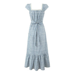 Women Casual Vintage Plaid Dress Elegant Square Neck Short Sleeve A-line Summer Long Dress Vacation Maxi Robe