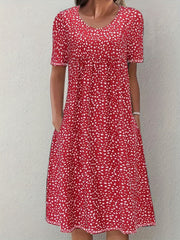 Bohemian Floral Charm - Dual Pocket Crew Neck Dress with Short Sleeves - Stylish Casual Womens Clothing for Summer
