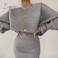 Ingvn - Women Elegant Slim Two Piece Sets Female Sweater Dress Autumn Winter High Waist Knitted Ensemble Femme Medium Long Party Dresses