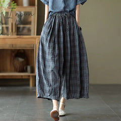 Ingvn - 2023 Summer New Plaid Printing Oversize Lantern Pants Women Elastic Waist Pockets Cotton Hemp Contrast Color Wide Leg Trousers