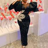 Ingvn - Womens Fashion Women Black Long Dress Sequined Shiny Glitter Embroidered Chest Wrapped Puff Sleeve Classy Winter Fall Party Celebrity Birthday
