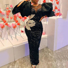 Ingvn - Womens Fashion Women Black Long Dress Sequined Shiny Glitter Embroidered Chest Wrapped Puff Sleeve Classy Winter Fall Party Celebrity Birthday