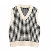 Women Fashion Oversized Houndstooth Knitted Vest Sweater Vintage Sleeveless Side Vents Female Waistcoat Chic Tops