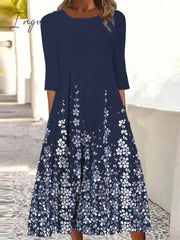 Ingvn - Women's Casual Dress Shift Dress Midi Dress Navy Blue 3/4 Length Sleeve Floral Ruched Summer Spring Crew Neck Basic Vacation Fall Dress Summer Dress 2023 S M L XL XXL 3XL