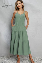 Ingvn - V-Neck Sleeveless Spaghetti Straps Midi Dress