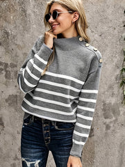 Casual Women's Striped Mock Neck Long Sleeve Pullover Sweater with Fake Button Detail