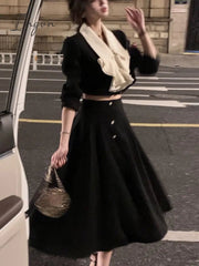Ingvn - Korean Suit Autumn Elegant 2 Piece Dress Set Office Lady Long Sleeve Crop Tops + Casual Black Midi Skirt Woman Slim Retro