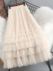 Summer Elegant Women Tulle Skirt Korean Fashion Mesh A Line Ladies Cake Skirt High Waist Loose Party Female Skirts New
