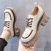 British Style Chunky Platform Pumps Women Spring Lace Up Thick Heels Loafers Woman Round Toe Patent Leather Shoes