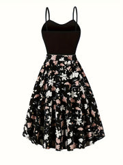 Seasonal Radiance, Elegant Floral Print Dress Set with Open Front Long Sleeve Cardigan & Tie-Waist Spaghetti Suspender Dress - Machine Washable, Polyester - Perfect for Spring/Fall
