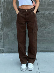 Wide Leg One Side Square Pocket Cargo Pants, Denim Loose Baggy Fit Straight Legs Trousers, Y2K Kpop Vintage Style Women's Jeans
