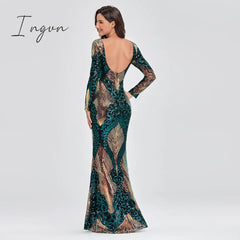 Ingvn - Hot Sale O-neck Long-Sleeve Shinning Sequins Evening Dresses Sexy Backless Mermaid Party Gowns Maxi Elegant Multi Female Robes vestidos