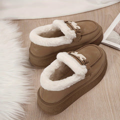 Cozy & Stylish Women's Winter Snow Boots - Plush Lined, Slip-On Loafers with Metal Buckle Detail, Warm Outdoor Footwear
