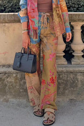 Ingvn - Casual Print Contrast Loose High Waist Wide Leg Patchwork Bottoms