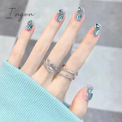 24pcs/Box Gradient Nail Art Patches False Nails Short Square Nail Blue Starry Glitter Teardrop Diamond Fake Nail Tips