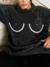 Rhinestone Round Neck Washed T-Shirt