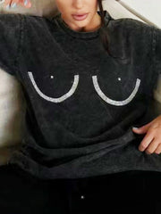Rhinestone Round Neck Washed T-Shirt