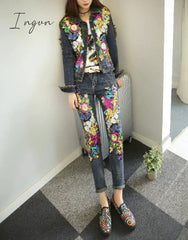 Ingvn - European Style Denim Suit Fashion Outfit Women New Flower Sequined Denim Jacket Short Jacket & Jeans Pants Two-Piece Set Female