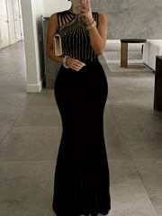 Rhinestone Bodycon Party Evening Dress, Sexy Sleeveless Solid Color Dress, Women's Clothing For Party Dressing