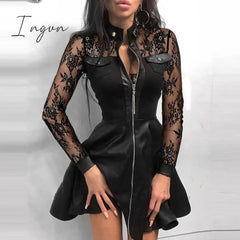 Ingvn - Sexy Stand Collar Print Zipper Long Sleeves Mini Dress Casual Autumn Winter Fashion Pocket Pu Leather Dress Elegant Slim Dresses