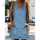 Ingvn - Women's Casual Dress Shift Dress Denim Overall Pinafore Dress Mini Dress Denim Fashion Modern Outdoor Daily Vacation U Neck Pocket Sleeveless Summer Spring 2023 Regular Fit Black Blue Gray Plain S M