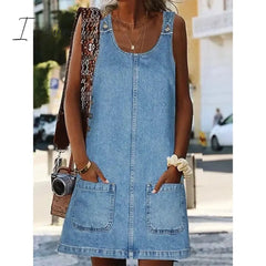 Ingvn - Women's Casual Dress Shift Dress Denim Overall Pinafore Dress Mini Dress Denim Fashion Modern Outdoor Daily Vacation U Neck Pocket Sleeveless Summer Spring 2023 Regular Fit Black Blue Gray Plain S M