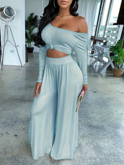 Long Sleeve Two-piece Set, Casual Solid Crop Top & Wide Leg Pants Outfits, Women's Clothing