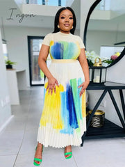 Ingvn - Long Pleated Dress Sets Women 2 Piece Outfits Summer Short Sleeve Gardient Print Swing Skirt Set Elegant Casual 2023 New In