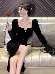 Sexy Vintage Velvet Black Dress for Women Autumn Long Sleeve Bodycon Evening Party Dresses Female Fashion Chic Prom Vestidos