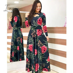 Ingvn - S- 5XL Plus Size Elegant Oversized Tunic Women Dress Bohmia Flower Print Maxi Dresses Fashion Hollow Out Long Vestidos
