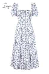 Ingvn - Women Fashion Puff Sleeve Lace Up High Split Dress Vintage Ladies Cottagecore Tallulah Blue White Floral Midi Dress