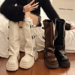 Ingvn Vintage Belt Buckle Women Western Cowgirl Boots Fashion Platform Thick Heel Shoes Ladies Concise Long Botas De Mujer