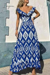 Sexy Geometric Print Flounce V Neck A Line Dresses