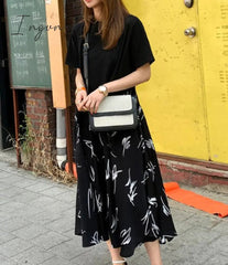 Ingvn - Autumn Women Plus Size XL-5XL Ladies Long Sleeve T-Shirt Dress Patchwork Print Robe Fake Two Piece Dress D08108R