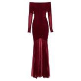 Sexy V-neck Ruched Evening Dress Women Red Retro Long Sleeve Sheer Mesh Fishtail Maxi Long One-piece Formal Party Gown
