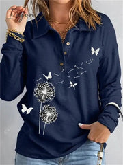 Ingvn - Women's Sweatshirt Pullover Basic Button Navy Blue Butterfly Dandelion Casual V Neck Long Sleeve Top Micro-elastic Spring & Fall