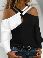 Ingvn - Autumn Winter Colorblock Crisscross Cold Shoulder Top Casual Patchwork Long Sleeve Pullover Blouse Women Clothes