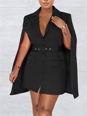 Cape Sleeves Lapel Collar Mini Dress With Belt And Button Front For Fall Winter 2024, Elegant Style, Prefect For Semi Formal Occasion, Wedding Guest And Church