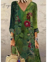 Ingvn - Women's Casual Dress Ethnic Dress Long Dress Maxi Dress Green 3/4 Length Sleeve Floral Print Summer Spring Fall V Neck Classic Vacation 2023 S M L XL XXL 3XL 4XL