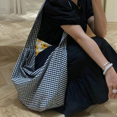 Ingvn Oversized Checkered Canvas Bag Shoulder Bags for Women Canvas Large Capacity Shopping Totes 2024 New Luxury Handbags