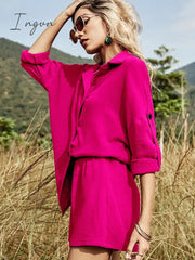 Ingvn - 2023 New Summer Casual Button Rose Red Women's Sets Cotton Two Pieces Sets Women Long Sleeve White Shirt and Shorts Set Outfits
