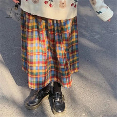 Ingvn - Japanese Rainbow High Waist A-Line Wool Plaid Skirt Female Students Preppy Style Wild Midi Skirt Women Autumn Long Skirt