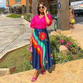 Ingvn - Summer Dresses for Women 2 Piece Outfits Pink Puff Sleeve Wrapped Tops and Midi Printed Swing Skirt Casual Festival Clothing