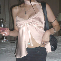 Kawaii Bandage Lace Pink Camisole Women Sexy Sweet Patchwork Satin Crop Tops with Slit Summer y2k Vintage Tank Tops Cute
