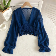 Ingvn - Women Fashion Spring Women Sweet Spot Blouse Ladies Fashion Chiffon Pullover Shirt V-neck Slim Long Puff Sleeve Folds Tunic Short Top