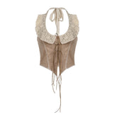 Vintage Bandage Pu Leather Corset Tops Slim Patchwork Lace Halter Sleeveless Crop Tops Women 2025 Spring Summer Fashion