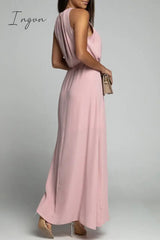 Ingvn - Elegant Solid Backless Slit O Neck Sleeveless Dress Dresses